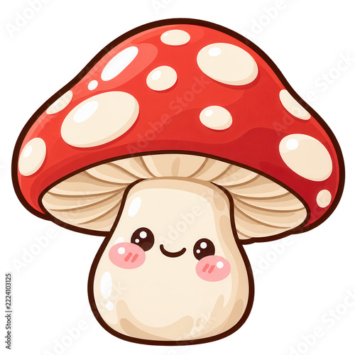 Cute Cartoon Mushroom Mascot With Red Spotted Cap and Smiling Kawaii Face