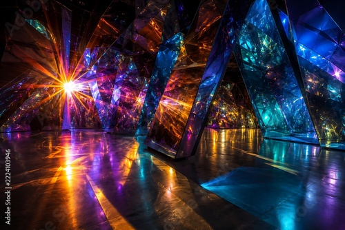Kaleidoscopic geometric reflections in a vibrant digital art installation with glowing neon light effects