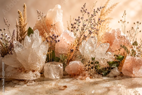 Natural crystal formations with dried botanicals and soft golden light in a serene arrangement