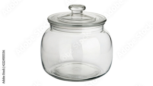 Empty classic round clear glass jar container with matching lid, isolated on transparent background.
