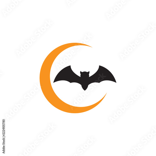 Orange crescent moon silhouette with black bat