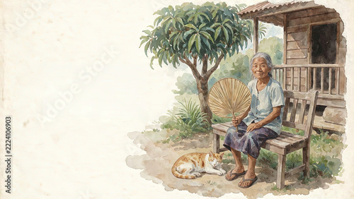 Elderly Woman Sitting on Bench with Cat Outside Traditional Wooden House in Rural Setting