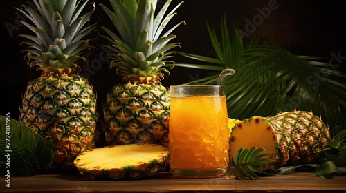 Fresh Pineapples with Juice on Rustic Wooden Table