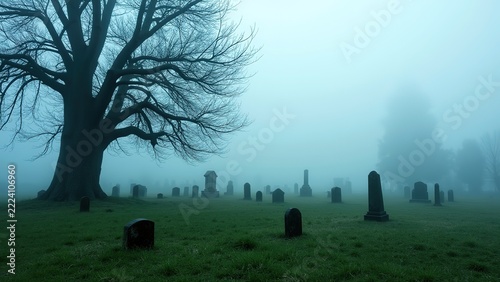 Foggy Graveyard with Tombstones and Bare Tree at Dusk