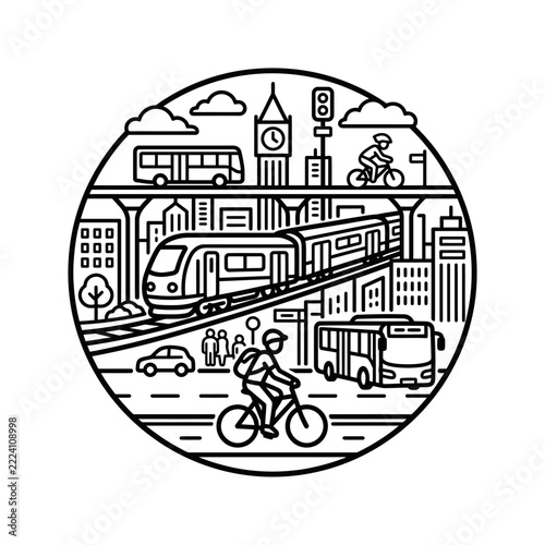 Urban Transportation and City Life Outline Icon in Circle