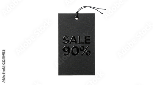 Black sale tag marked 90 percent discount on transparent background. Retail clearance and price reduction. Shopping promotion for bargain deals. Ecommerce offer graphic