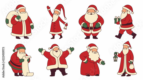Cute Santa Claus Full Body Characters in Various Christmas Poses Vector Set
