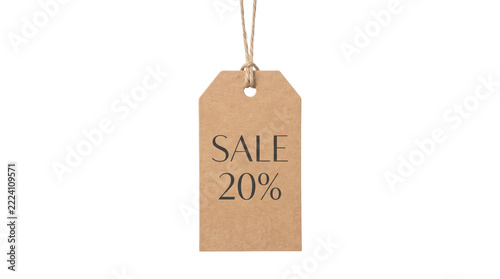 Paper sale tag showing 20 percent discount on transparent background. Retail promotion and price reduction concept. Shopping offer, bargain and clearance signage