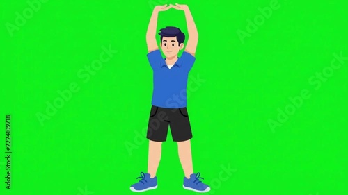 Young man doing side stretching exercises on green screen background