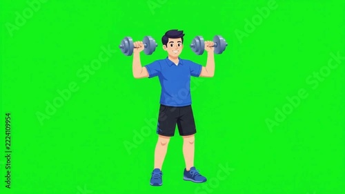 Cartoon man performing dumbbell overhead press on green background