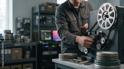 Professional Technician Carefully Loading Vintage 35mm Film Reel onto Projector in a Controlled Archival Film Restoration Studio Environment