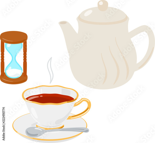 ティーポットと砂時計とお茶を注いだティーカップ