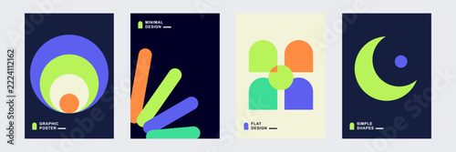 Set of Four Minimalist Abstract Graphic Art Posters with Bold Geometric Shapes