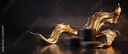 Luxury Black Podiums with Swirling Liquid Gold Splash in Dark Studio for Premium Cosmetic Product Placement, Jewelry Showcase, and Black Friday Sale Campaign