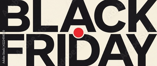 Minimalist Black Friday typography banner with bold Swiss style lettering and red circle accent on warm ivory background for modern retail sale campaign promotion