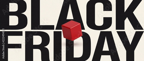 Minimalist Black Friday sale banner with oversized bold typography and floating glossy red cube on clean backdrop for modern luxury retail marketing and cyber promo