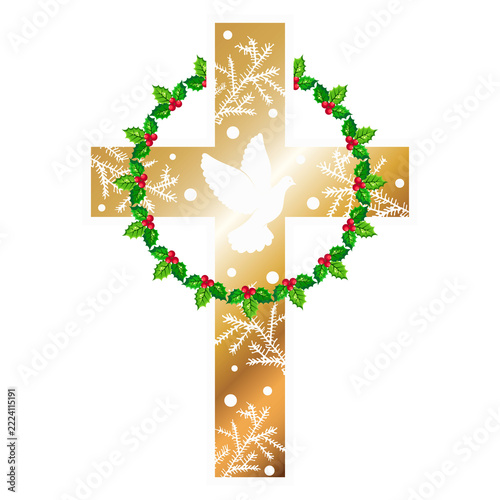 Obraz na plátně Gold Christian cross with a dove of peace and a wreath of Christmas holly
