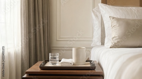 Elegant Luxury Hotel Concept Featuring Morning Coffee Tray Served on a Bedside Table With Copy Space