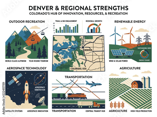 Denver and Colorado regional strengths infographic featuring icons for outdoor recreation, renewable energy, aerospace technology, transportation, and agriculture in a flat vector style