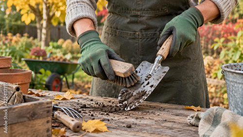Gloved hands cleaning soil from a garden trowel with a brush