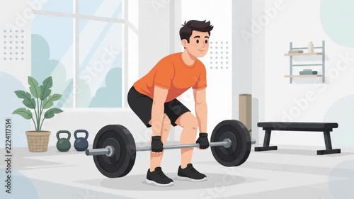 Male athlete performing deadlift workout with heavy barbell in gym
