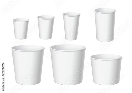 Realistic White Disposable Paper bucket for fast food. Pack for chicken, fries, popcorn..Mock up for brand template. vector illustration.