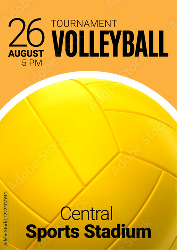 Volleyball tournament. Poster template with Volleyball ball. Flyer for sections or tournament. Colorful symbol or emblem on white background. Design in a graphic art style. Vector illustration
