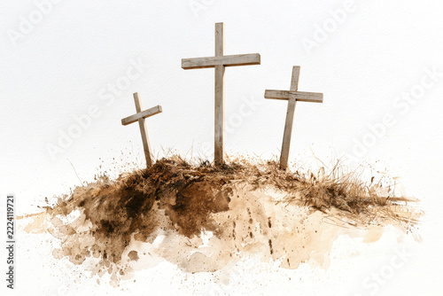 Three wooden crosses stand on a small hill surrounded by dry grass and soil. The scene shows a stark setting under a clear sky