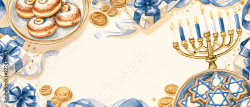 A Hanukkah flat lay shows a brass menorah with lit candles, sufganiyot doughnuts, Star of David cookies, chocolate coins, and gift boxes arranged