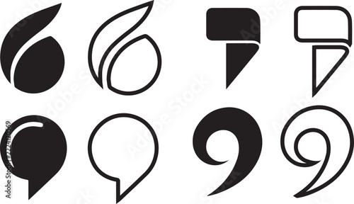 Black and white typography punctuation marks and abstract comma shapes for text design.