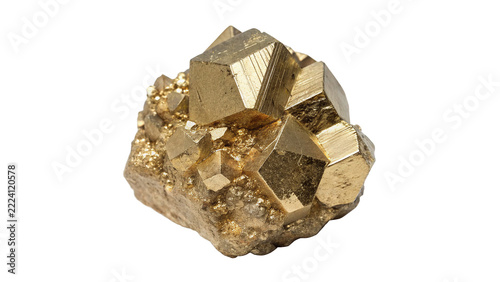 Raw natural shiny golden pyrite fool gold mineral crystal geological specimen, isolated on transparent background.