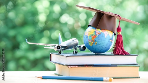 Education and travel concept with graduation cap globe airplane and books symbolizing international learning and study abroad