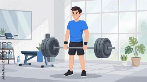 Man performing deadlift with heavy barbell in bright gym studio