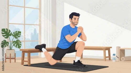 Man performing bulgarian split squats in home gym illustration