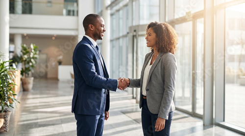 Business people shaking hands in a modern corporate office hallway.