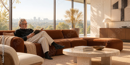Mature Man Reading Book on Rust Brown Sofa in Sunlit Modern Living Room