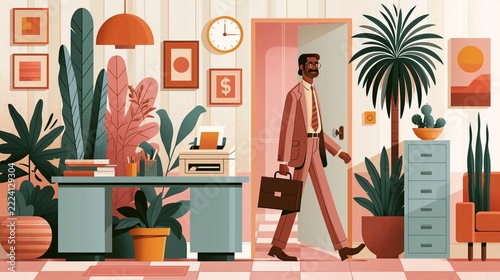 Retro illustration of a businessman with a briefcase leaving a colorful office filled with plants in a mid century modern style