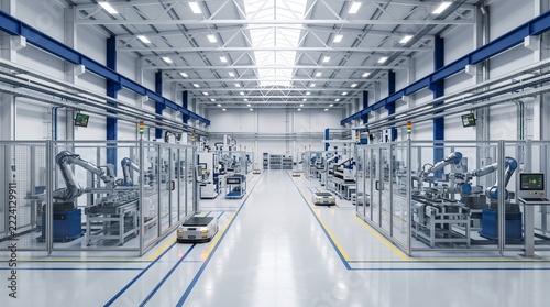 Modern automated manufacturing plant with robotic assembly lines in clean industrial facility