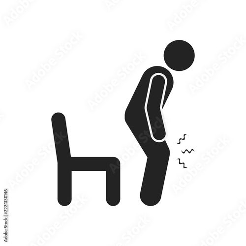 Isolated silhouette illustration of stick figure of knee pain when standing up from chair for educational and advertising icons of treatment, healing, and knee joint pain in clinics and hospitals.