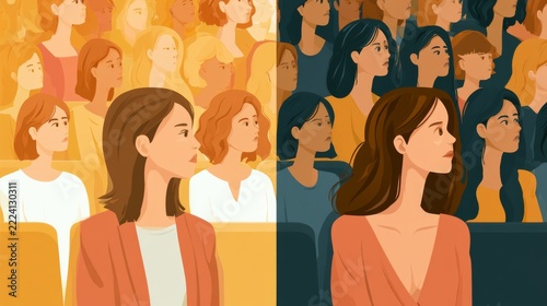 Illustration of diverse women in an audience divided between warm light and dark shadows representing social division and inequality