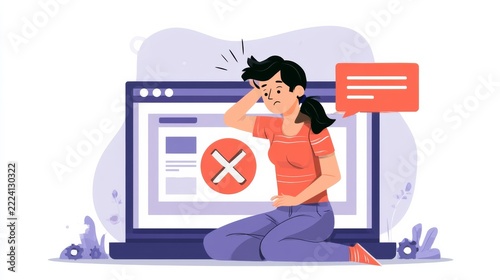 Illustration of a frustrated woman sitting beside a laptop with an error message representing website problems and technical difficulties