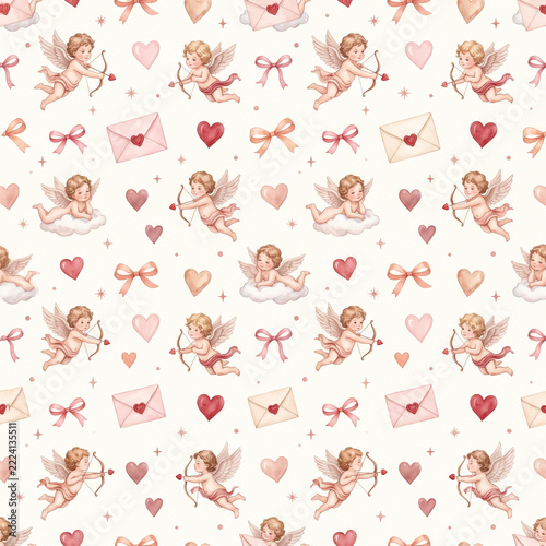 Watercolor Valentine's Day seamless pattern with cute cupids, hearts, bows, and love letters