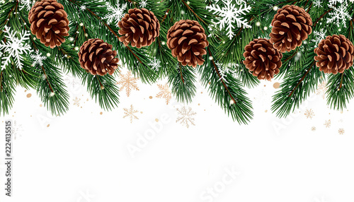 Elegant winter foliage frame with pine sprigs and slender needles, continuous border illustration with clean copy space for text.