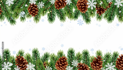 Festive pine needle border with winter greenery and delicate branches, natural botanical frame with generous blank space for text.