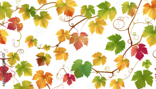 Seamless foliage pattern with delicate winding vines and vibrant leaves in emerald green, lavender, and peach, on a white background.