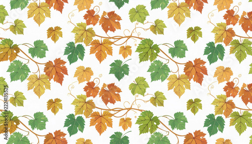 Beautiful seamless botanical pattern featuring curling vines and colorful leaves in teal, coral, and mustard, on a white background.