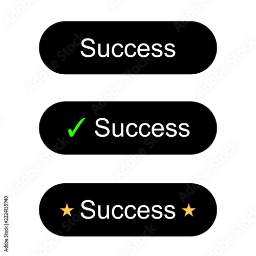 Black success button set isolated on transparent background, rounded pill UI status badges with checkmark and star icons for app web design and completion notice