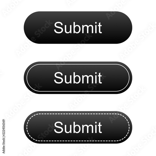 Black submit button set isolated on transparent background, rounded pill UI banner buttons with solid and dashed border for app web design and call to action