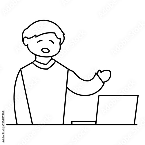 Young male vlogger presenting content on laptop screen line art