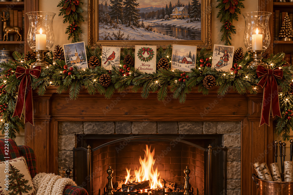 Naklejka premium Cozy fireplace mantel decorated with evergreen garland, red bows, pine cones, and candles, burning fire in stone hearth. Christmas decorations, holiday interior, winter atmosphere.